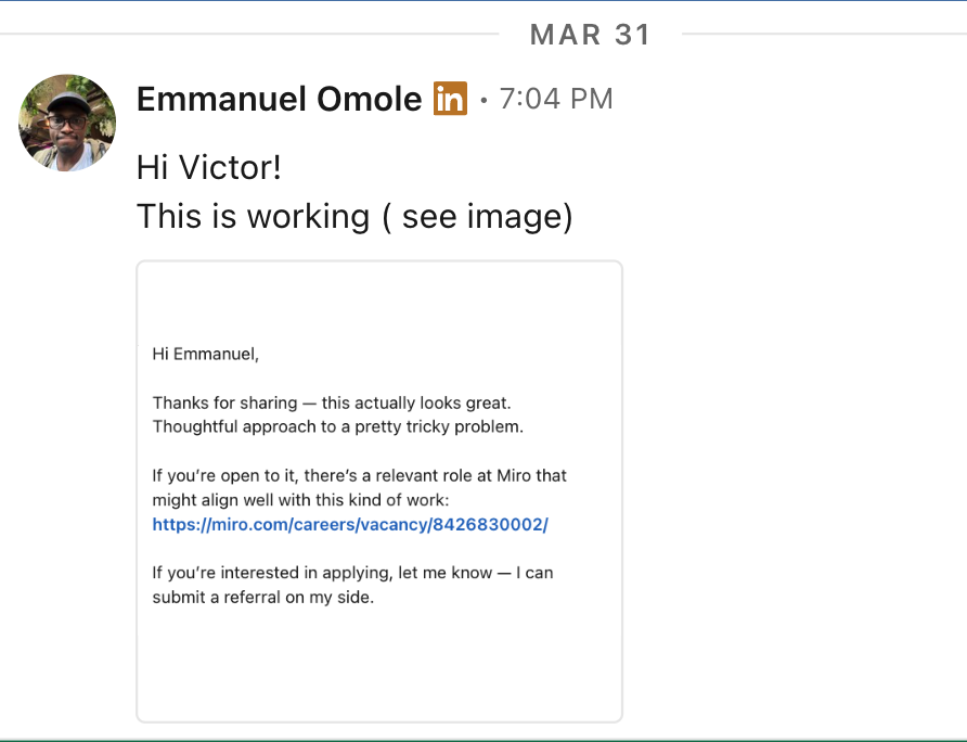 Direct message from a Miro employee confirming the referral went through